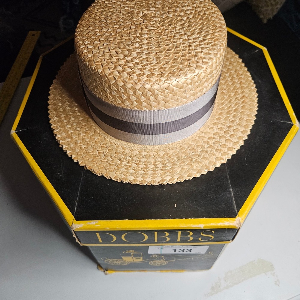 Vintage Dobbs Fifth Avenue Straw Boater Hat Skimmer with Original Box Mens 7 1/8
